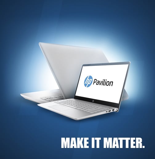 Flyer de laptop HP con la frase "Make it matter"