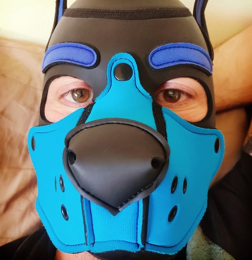 Close-up of a man in a pup mask.