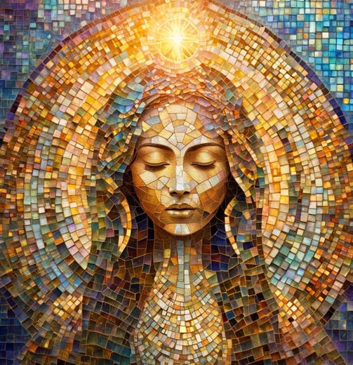 Mosaic Lady Chanelling spirit. Shades of Gold and blue