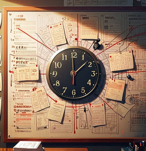 A wall filled with notes connected by red lines, forming a mind map with a clock at the center — sym