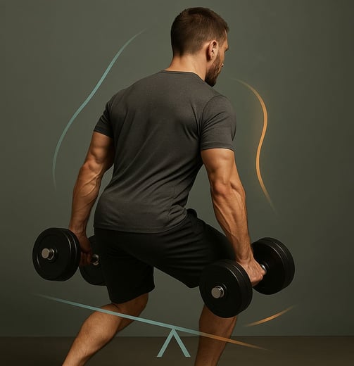 hombre cargando mancuernas con desequilibrio postural, destacando hombro caído y pierna adelantada