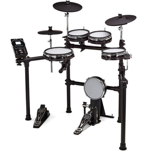 a drum kit with a keyboard and a phone