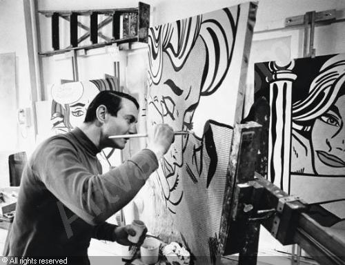Roy Lichtenstein pintando sua obra