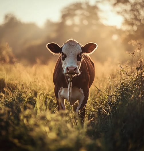 Een koe in een veld, vroeg in de morgen
