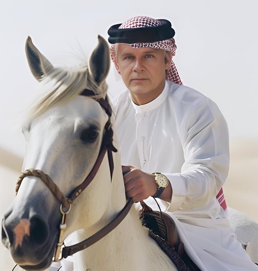 Peter Pickering dressed in Arab garb riding a white Arab stallion