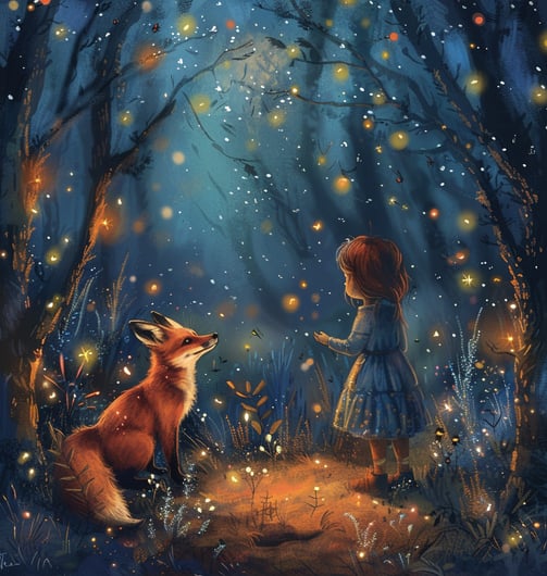 A girl and a fox in an enchanted forest
