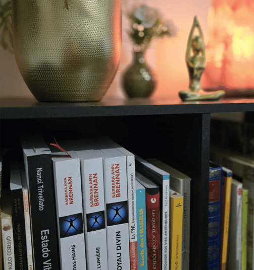 Livros de terapia e objetos simbólicos representando ancoragem, rigor e intuição reunidos na prática
