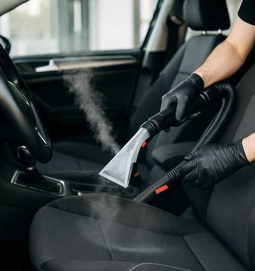 Detalle interior de un automóvil con limpieza profunda a vapor realizada por un profesional con guan