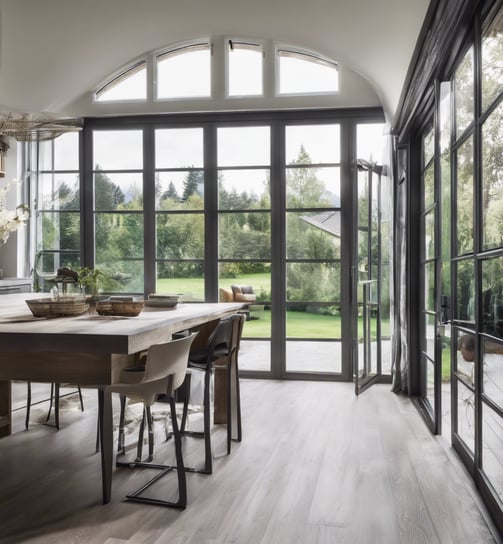 a dining room with a table and chairs