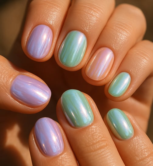 short rounded nails in pastel lavender, mint, and baby peach, all with glazed chrome finish