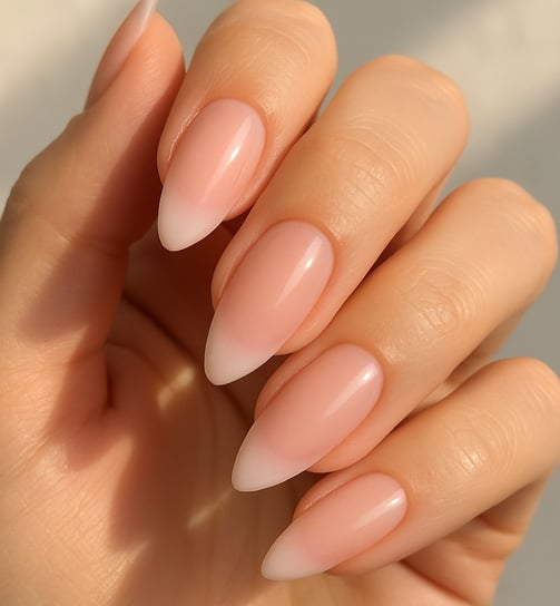 almond-shaped nails, soft blush pink sheer base, barely-there pink ombré French tips