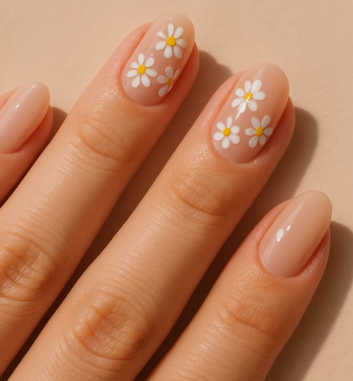 neutral beige base nails, tiny white and yellow daisies painted delicately across a few nails