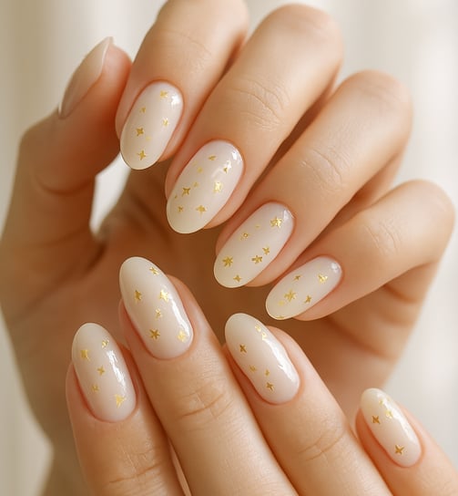 manicured hands with milky white nails and scattered gold foil accents, natural soft light