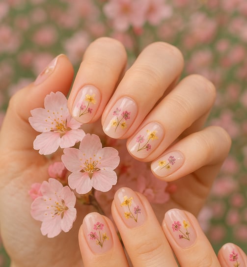 Nails with clear or sheer pink polish, small pressed flowers embedded under top coat, hands holding 