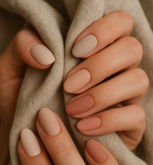 oval nails, each nail painted in varying nude and blush tones, matte finish, holding a neutral-toned