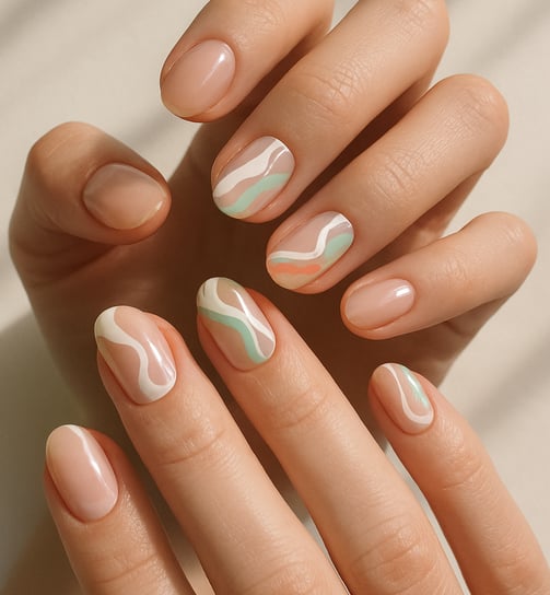 clear base nails, abstract white and pastel waves painted across a few nails, artsy vibe