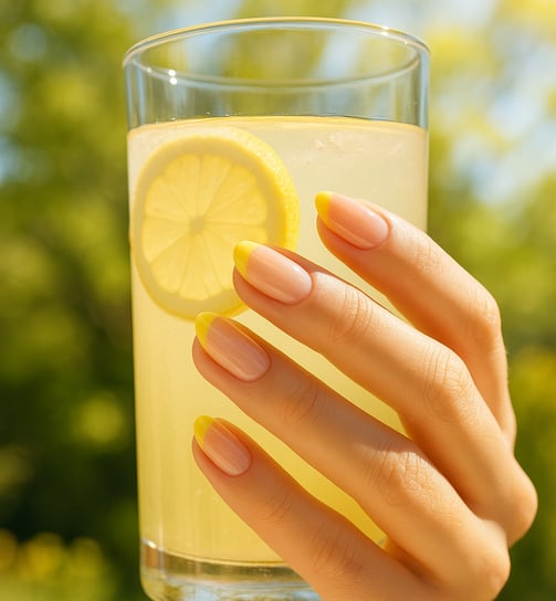 Nails with a sheer base and lemon yellow French tips, holding a glass of lemonade