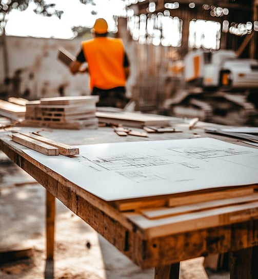Plano arquitectónico sobre mesa de trabajo en obra de construcción en la Riviera Maya
