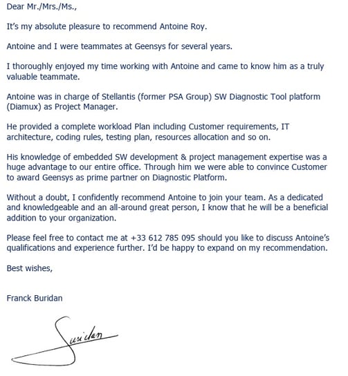 Recommendation from the Senior Business Manager in charge of PSA/Stellantis client