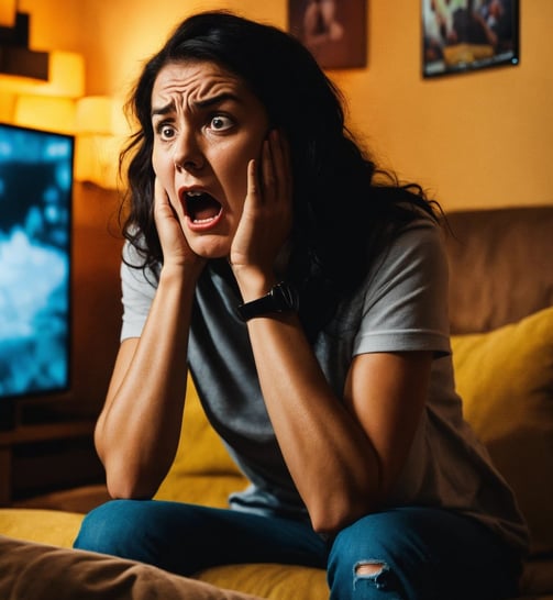 femme effrayée qui regarde la télé