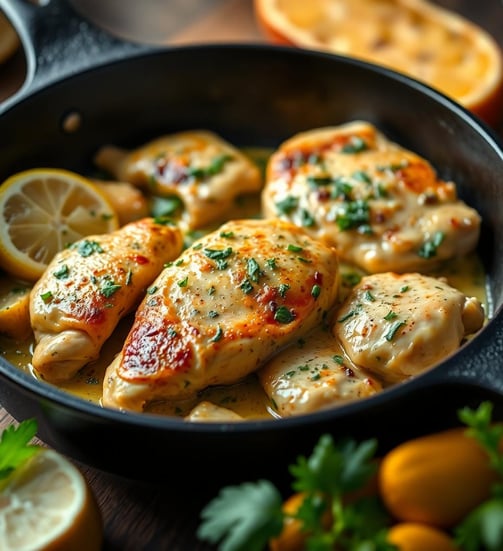 Garlic Herb Butter Chicken cooking in a cast iron skillet