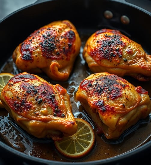 Paprika & Lemon Roasted 4 Chicken thighs cooking in a cast iron skillet