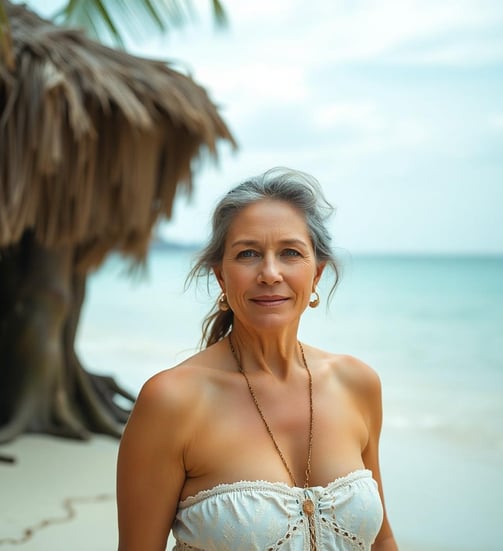 a woman in a white dress standing on a beach