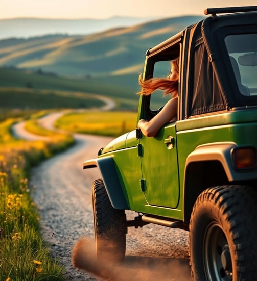 a person driving a jeep on a dirt road