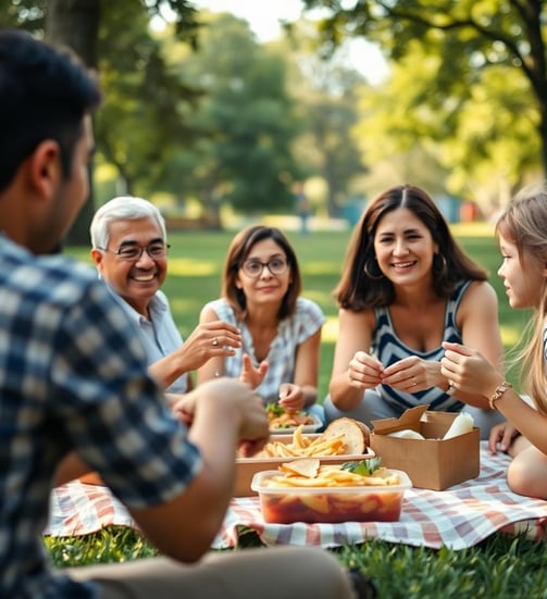 a group of people sitting around a picnic table