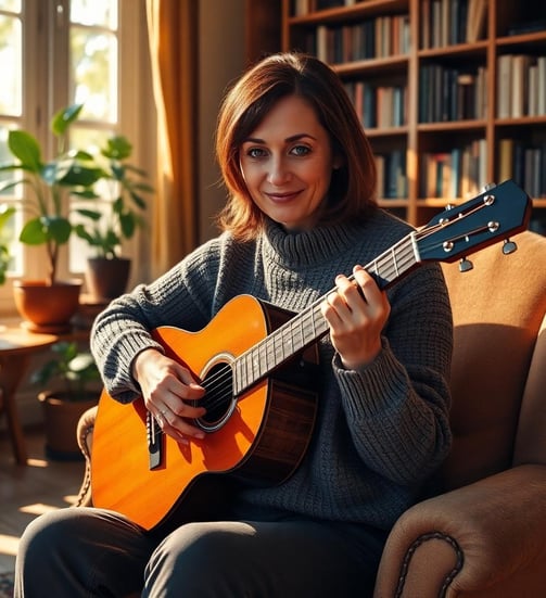 a woman sitting on a couch playing guitar