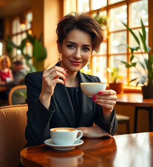 a woman in a black jacket and red nails holding a cup of coffee