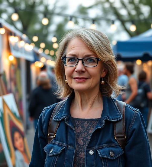 a woman in glasses and a denim jacket at an art festival