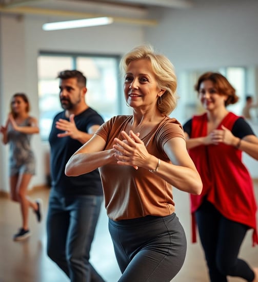 a woman in a brown shirt and jeans dancing with a man in a red shirt