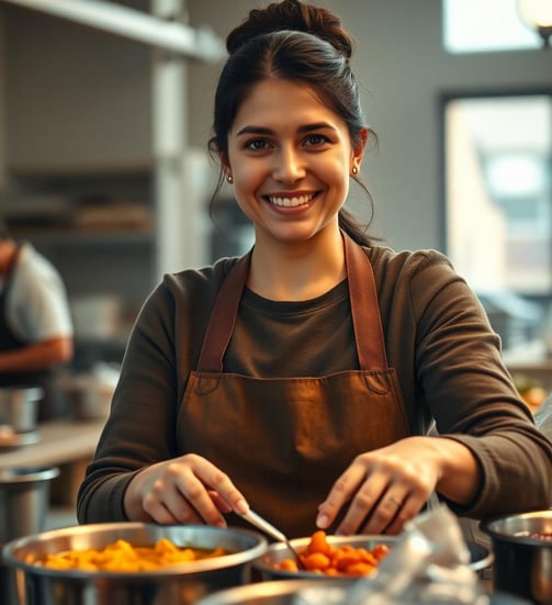a woman in a apron is smiling and holding a knife and fork