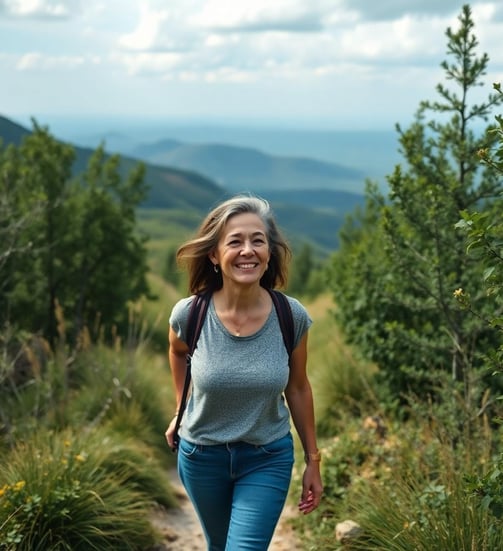 a woman walking down a path with a backpack