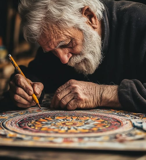 Foto van een senior man die een moeilijke mandala inkleurt