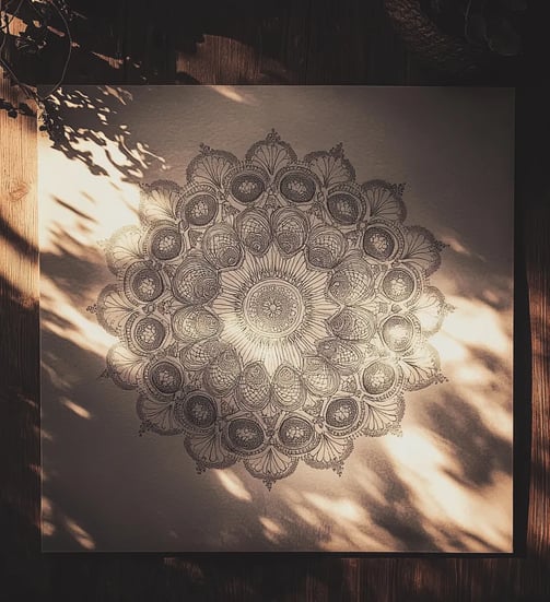 Mandala op een houten tafel in ochtendlicht