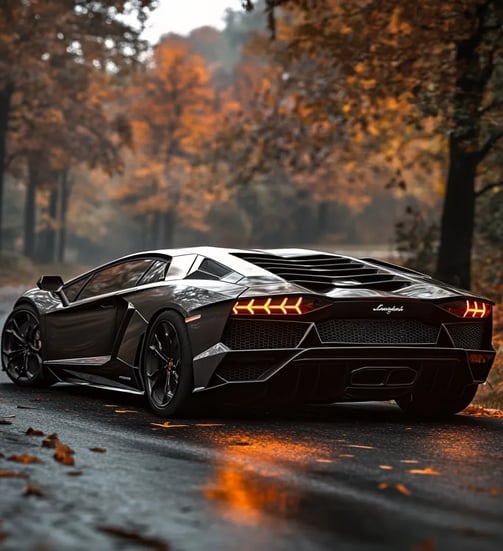 Zwarte lamborghini in het bos voor jongens