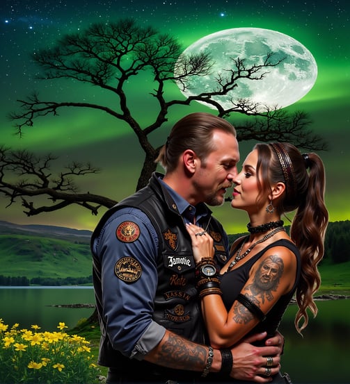 Illusions, Graphic design concept ny MadKiwi Designs a man and woman kissing in front of a full moon