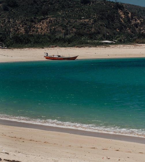 a boat in the water near a beach