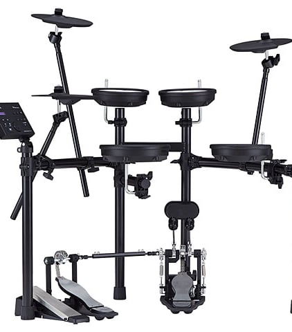 a drum kit with a laptop and a keyboard