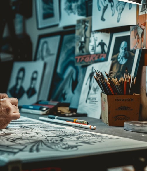 a man is sitting at a desk with a pencil and pencil