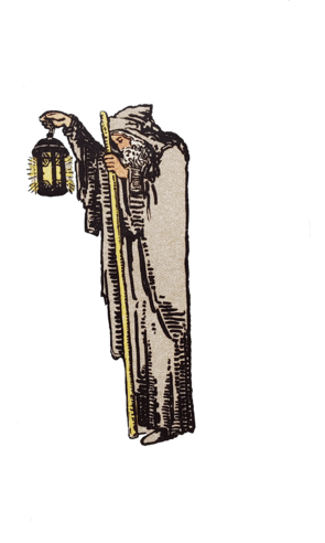 Tarot Hermit male wearing a cloak holding a lanterns and walking stick.