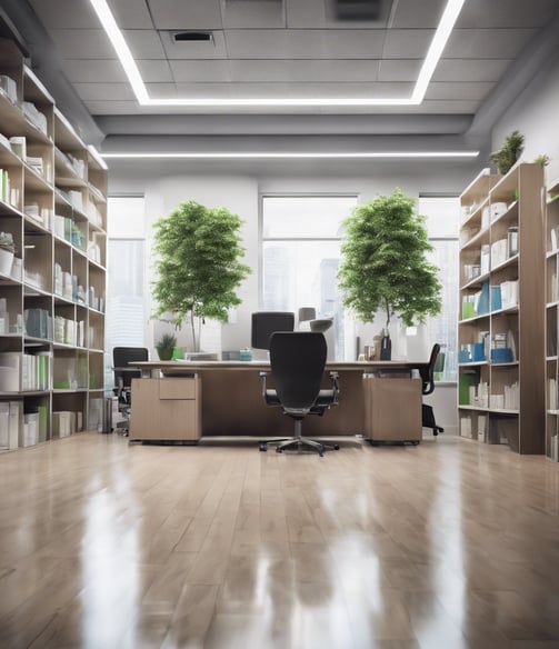 a desk with a chair and a desk with a plant in the middle