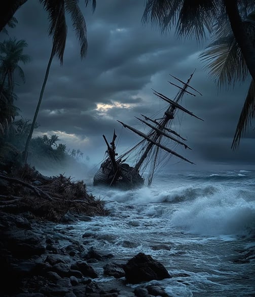 A broken, weather-beaten ship lies half-submerged near the shore