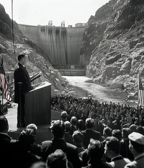 grand ceremony at the base of the massive Boulder Dam. President Franklin D. Roosevelt stands at a p