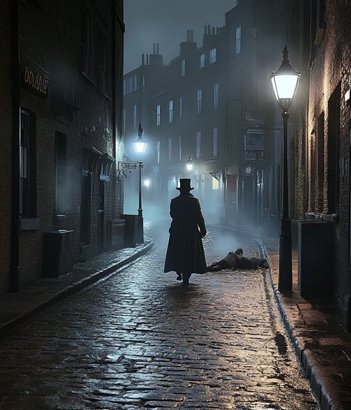 narrow streets of Whitechapel at night. Gas lamps cast eerie pools of light on the cobblestone alley