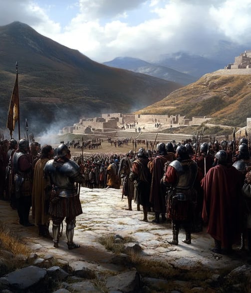 1532 Andean highlands near Cajamarca, Francisco Pizarro and his men dismounting outside a Inca plaza