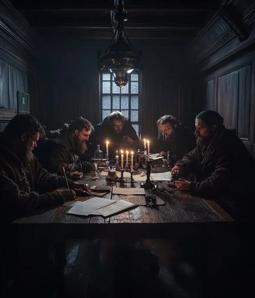 1666, dimly lit Royal Society chamber, oak-paneled walls and flickering wax candles, Samuel Pepys