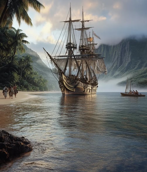 1794, calm tropical waters off Oʻahu, the British ship Butterworth approaching a pristine, uncharted